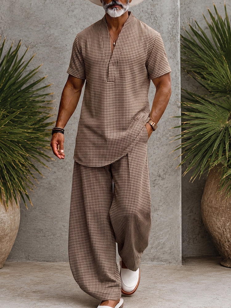 Classic Relaxed Fit Plaid Matching Set — Brown